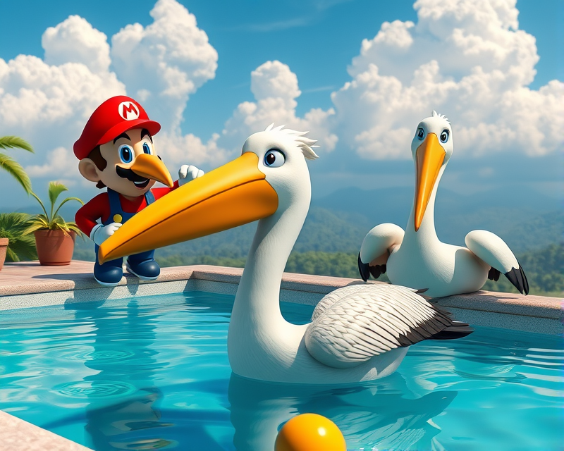 super mario, pool, pelican